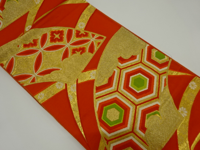 JAPANESE KIMONO / ANTIQUE FUKURO OBI / SILK / WOVEN JIGAMI & GRASS & CLASSICAL PATTERN